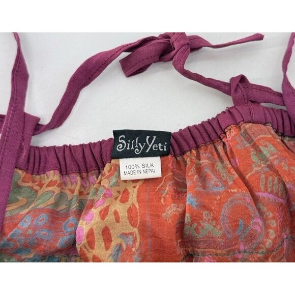 Silly Yeti 100% Silk Tiered Boho  Tie Back Sleeveless Blouse See Measurements - Picture 6 of 9